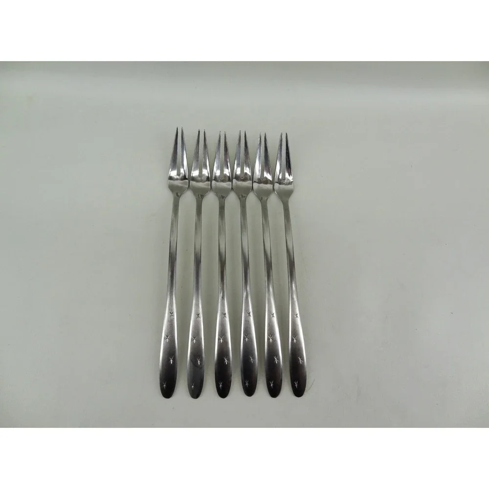 6 Mid‎ Century Modern Elegance Stainless Germany 2 Prong Fork Starburst Flatware
